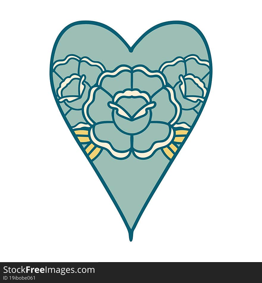 iconic tattoo style image of a heart and flowers. iconic tattoo style image of a heart and flowers