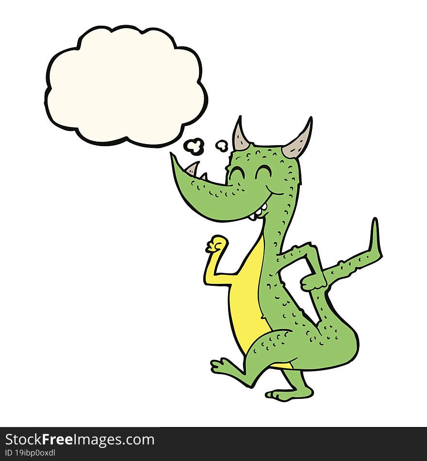 cartoon happy dragon with thought bubble