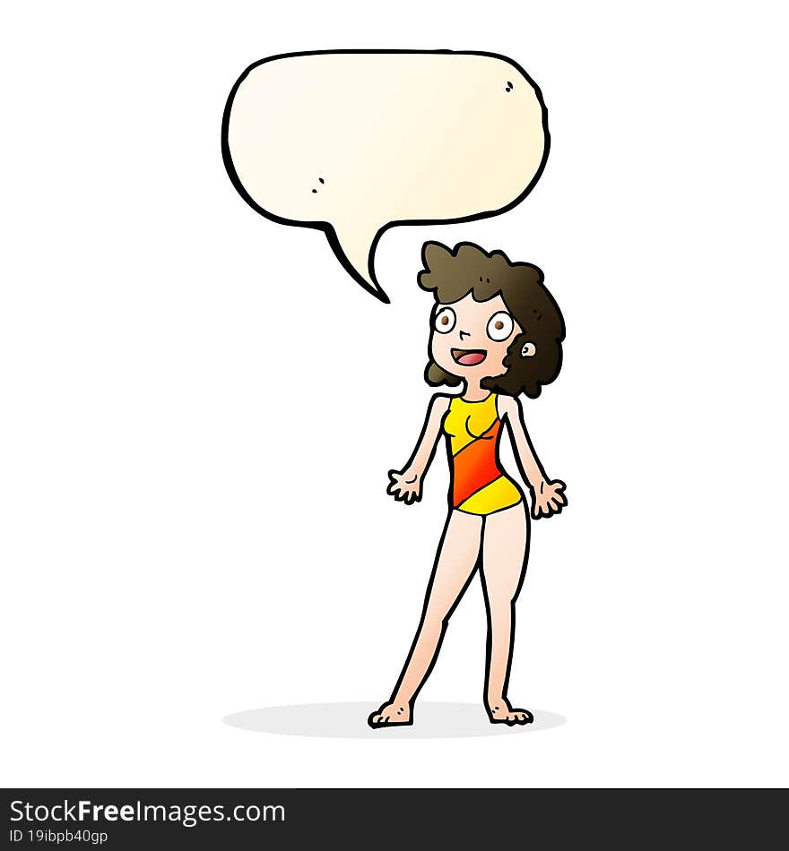 cartoon woman in swimming costume with speech bubble