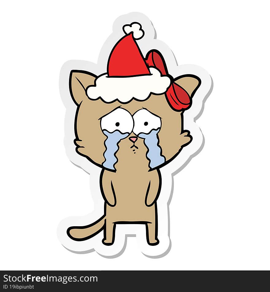 hand drawn sticker cartoon of a cat wearing santa hat