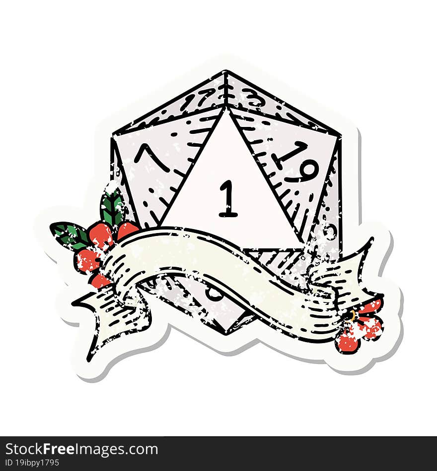 natural one d20 dice roll grunge sticker