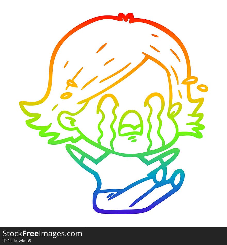 rainbow gradient line drawing of a cartoon woman crying