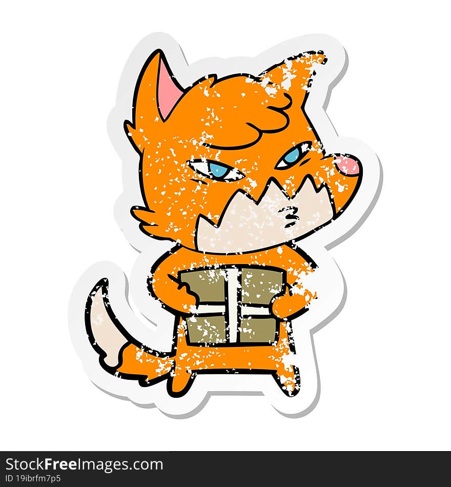 distressed sticker of a clever cartoon fox