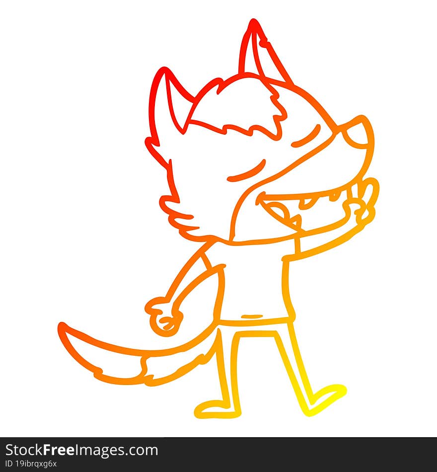 Warm Gradient Line Drawing Cartoon Wolf Giving Peace Sign