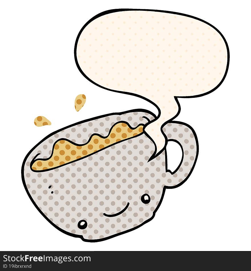 cartoon cup of coffee and speech bubble in comic book style