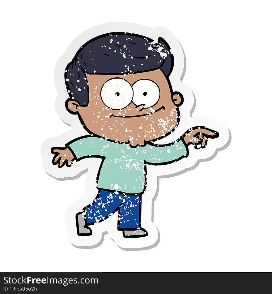 distressed sticker of a cartoon happy man