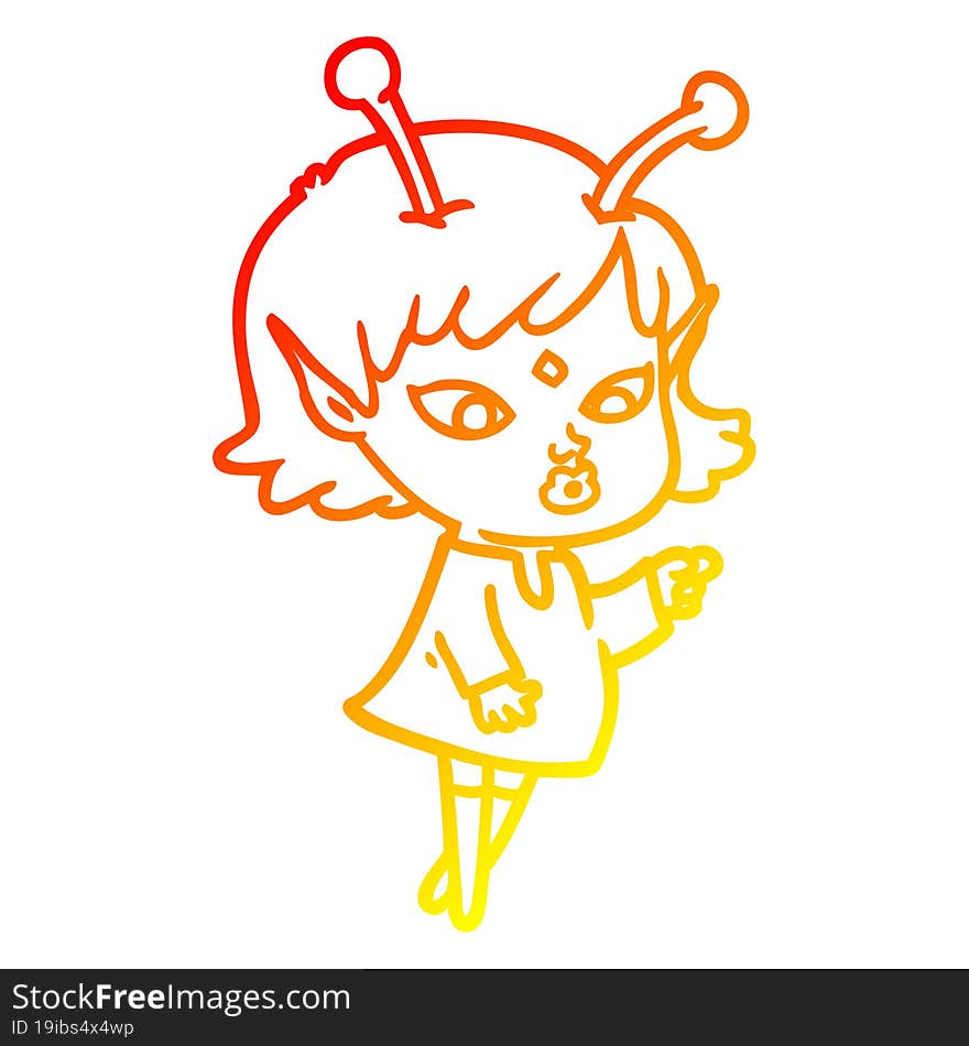 Warm Gradient Line Drawing Pretty Cartoon Alien Girl