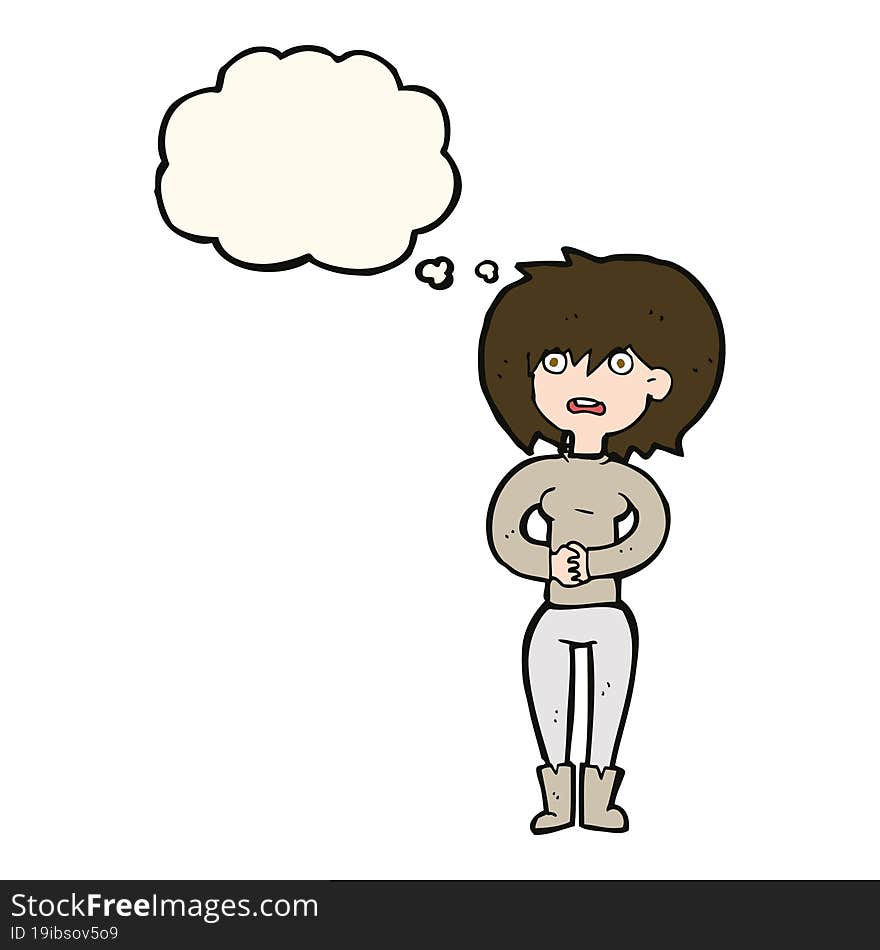 cartoon worried woman with thought bubble