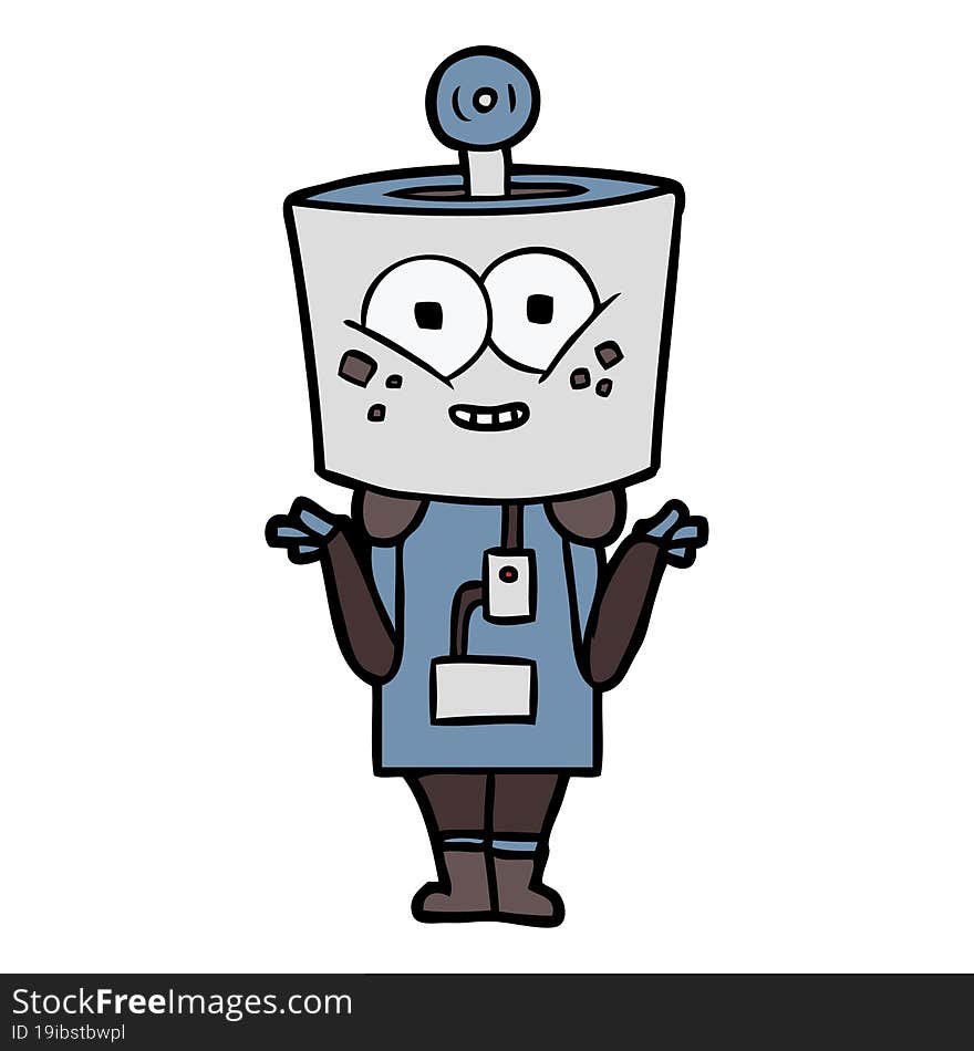 happy cartoon robot shrugging shoulders. happy cartoon robot shrugging shoulders