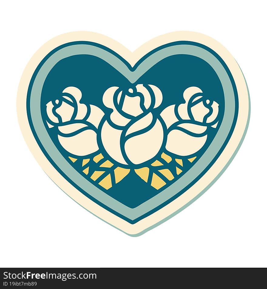 sticker of tattoo in traditional style of a heart and flowers. sticker of tattoo in traditional style of a heart and flowers