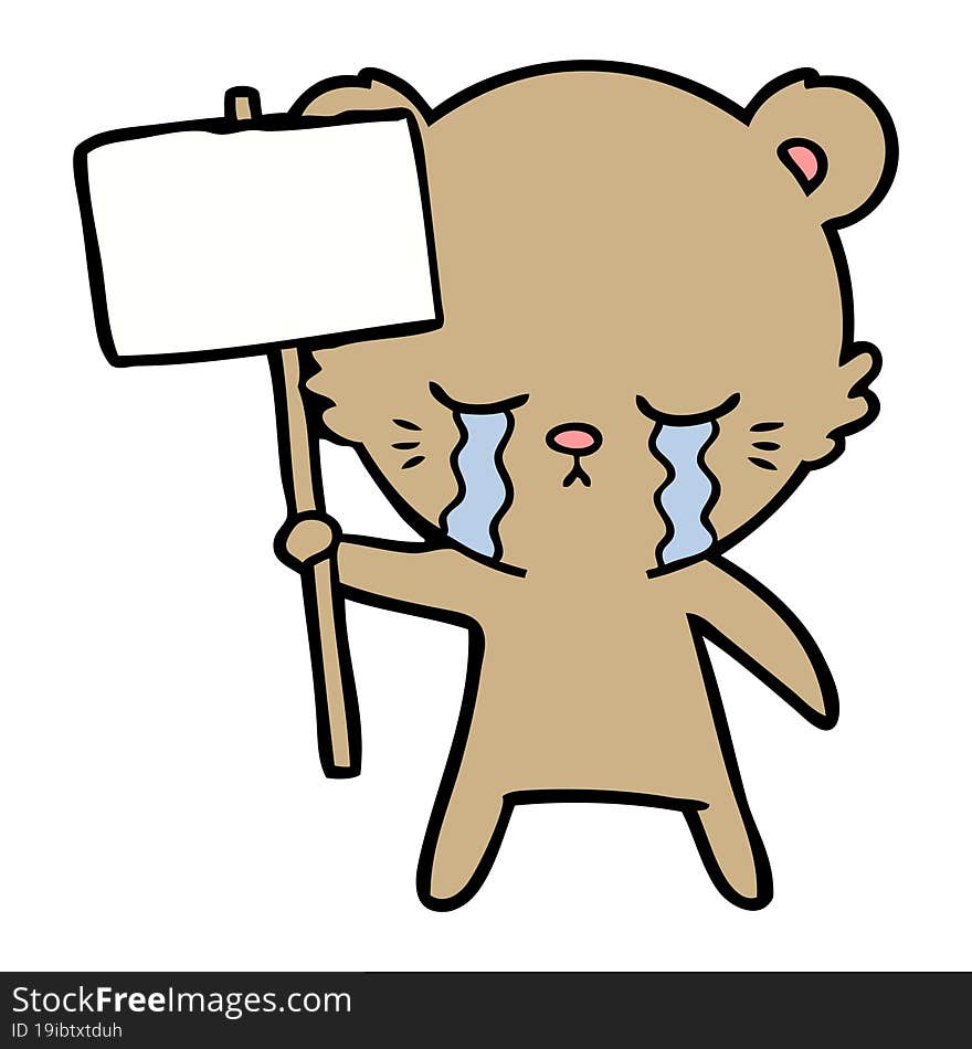 crying cartoon bear with sign post. crying cartoon bear with sign post