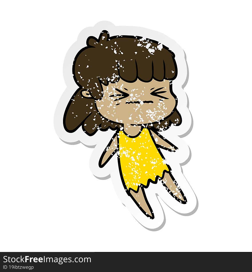 Distressed Sticker Of A Cartoon Angry Girl