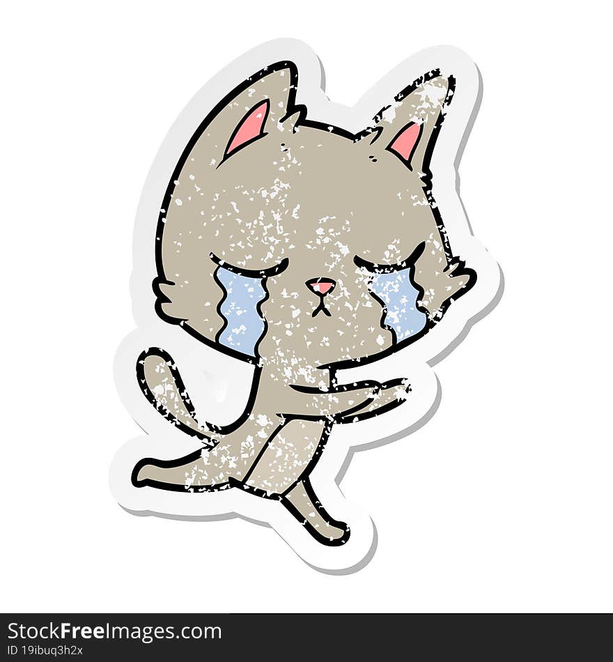 Distressed Sticker Of A Crying Cartoon Cat Running