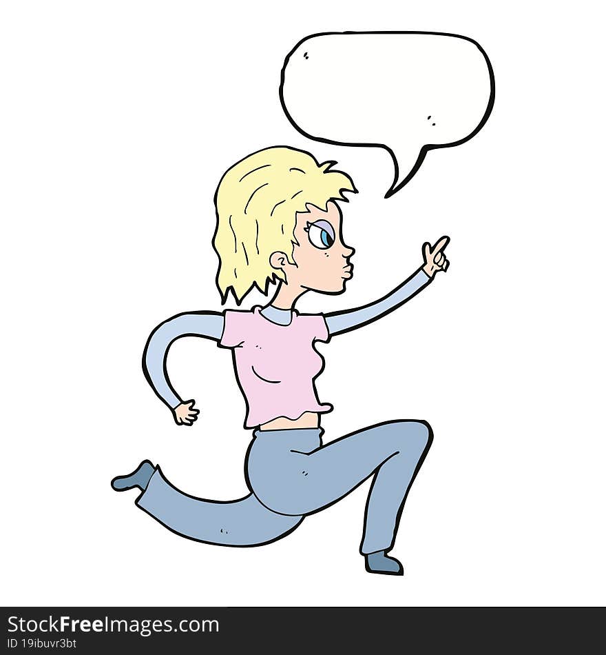 cartoon woman running and pointing with speech bubble