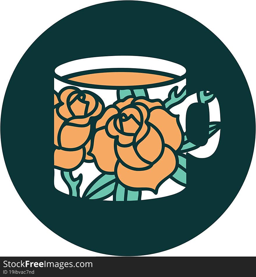 Tattoo Style Icon Of A Cup And Flowers