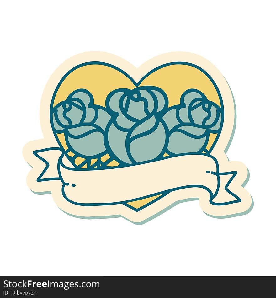 sticker of tattoo in traditional style of a heart and banner with flowers. sticker of tattoo in traditional style of a heart and banner with flowers