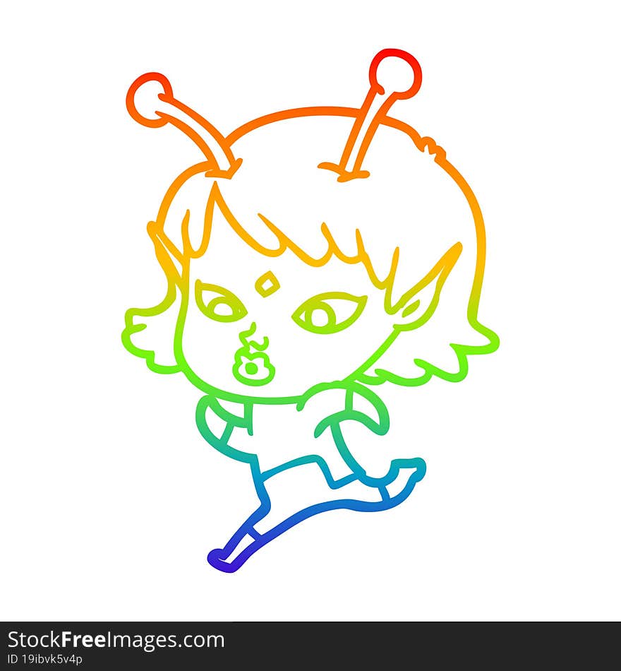 rainbow gradient line drawing pretty cartoon alien girl running