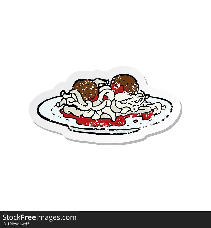 retro distressed sticker of a cartoon spaghetti and meatballs