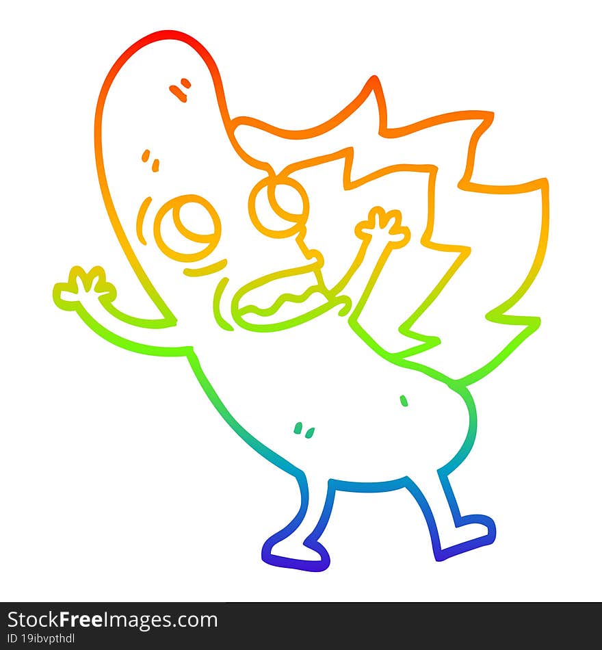 rainbow gradient line drawing cartoon flaming hotdog