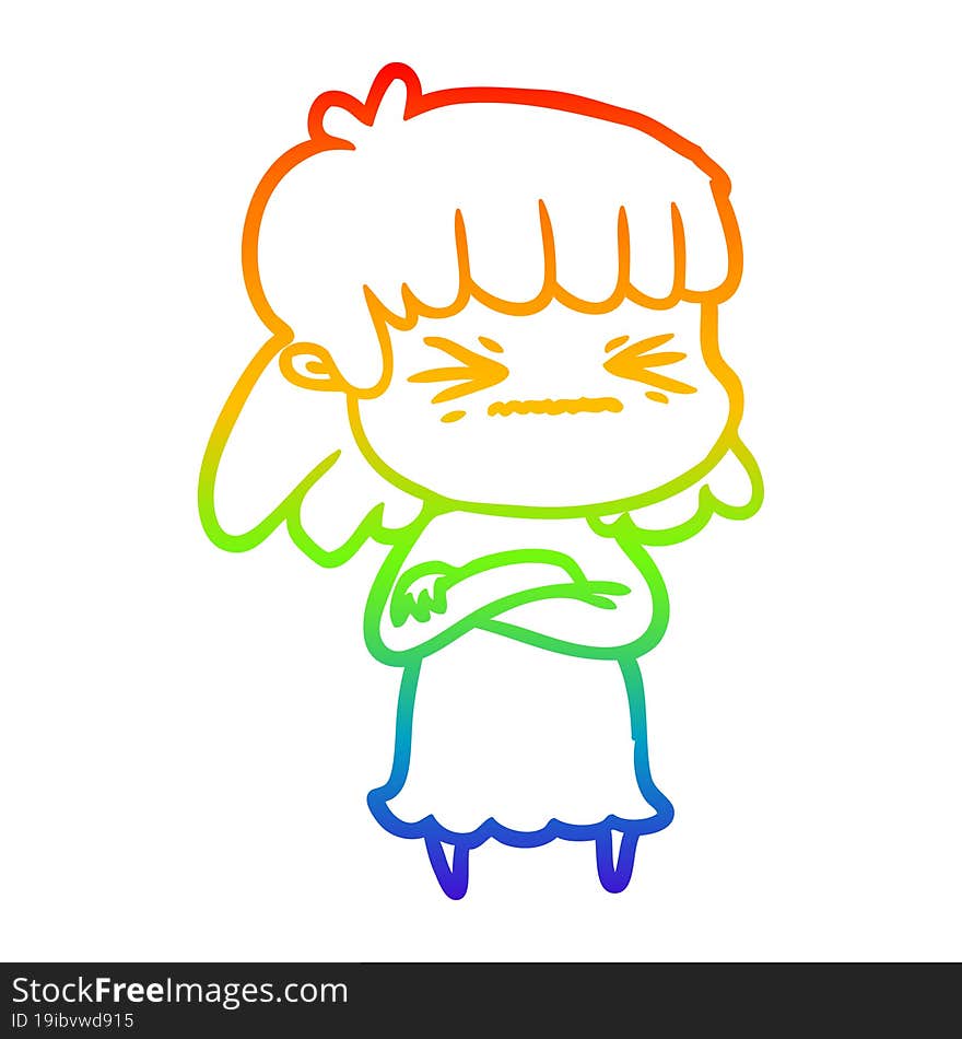 rainbow gradient line drawing of a cartoon angry girl