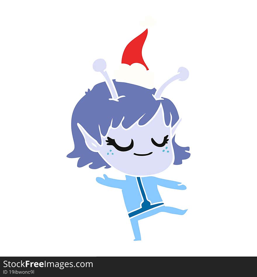 Smiling Alien Girl Flat Color Illustration Of A Wearing Santa Hat