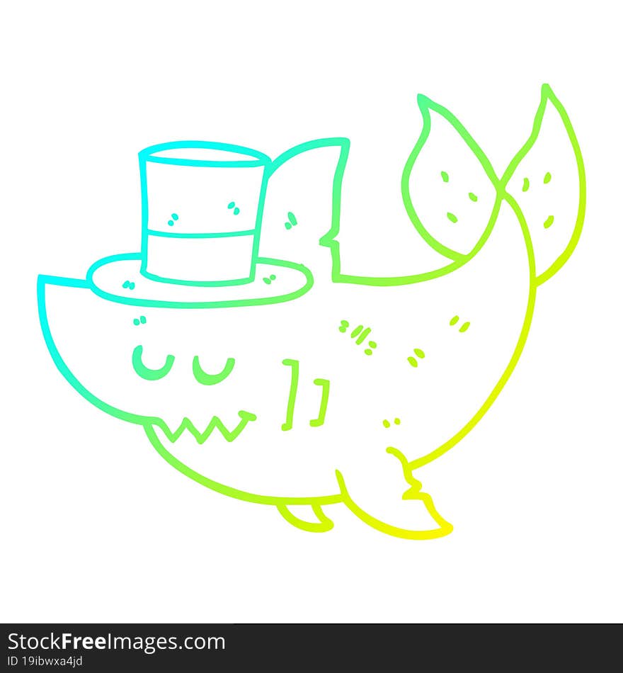 cold gradient line drawing cartoon shark wearing top hat