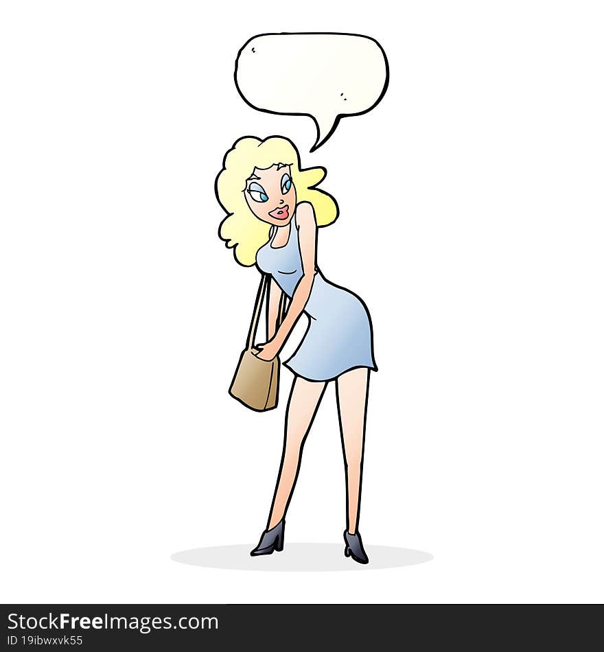 cartoon woman looking in handbag with speech bubble