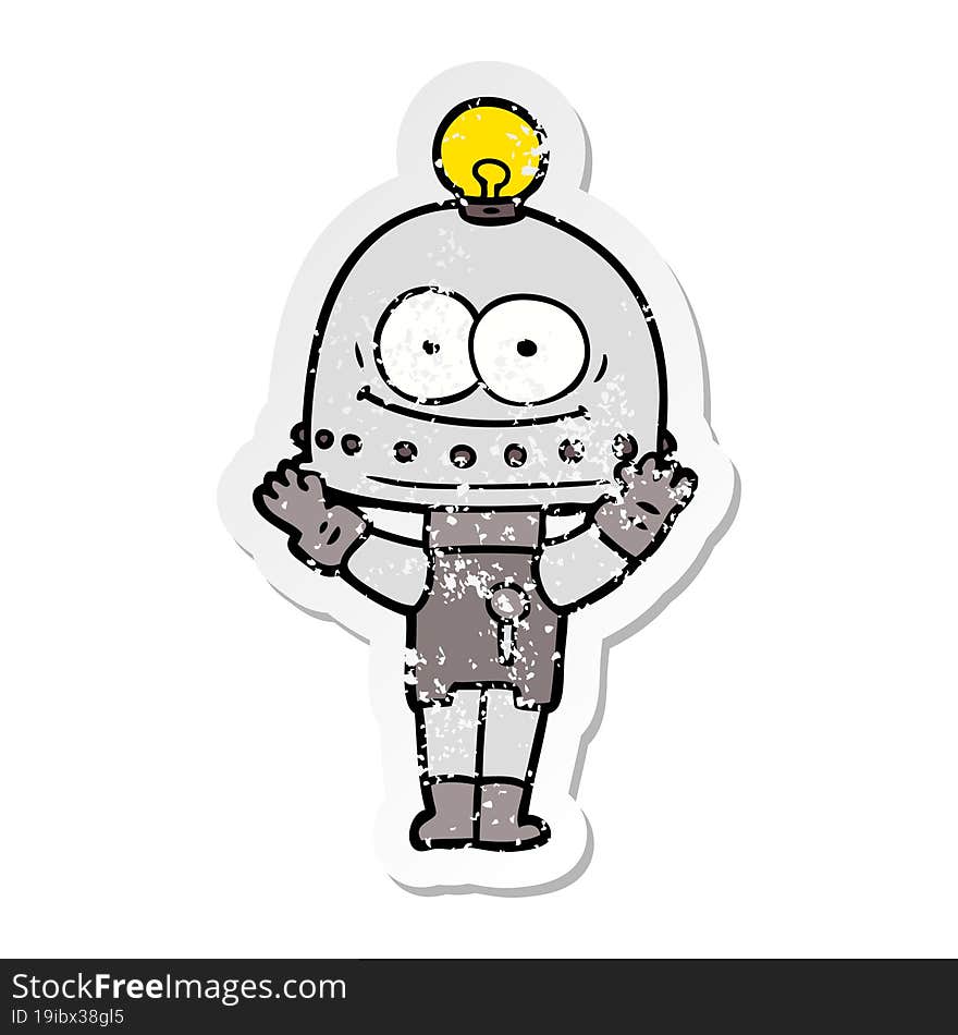 distressed sticker of a happy carton robot with light bulb