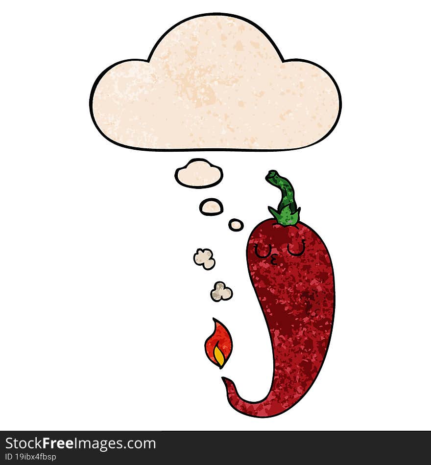 cartoon hot chili pepper and thought bubble in grunge texture pattern style