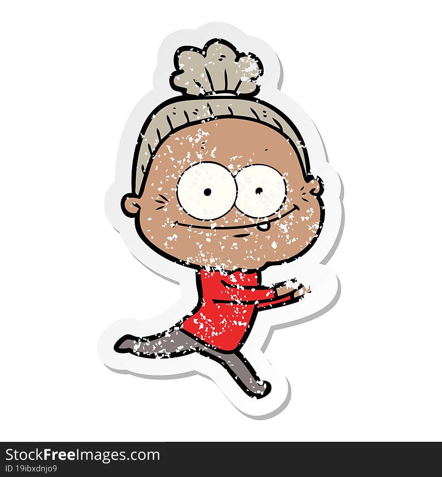 Distressed Sticker Of A Cartoon Happy Old Woman