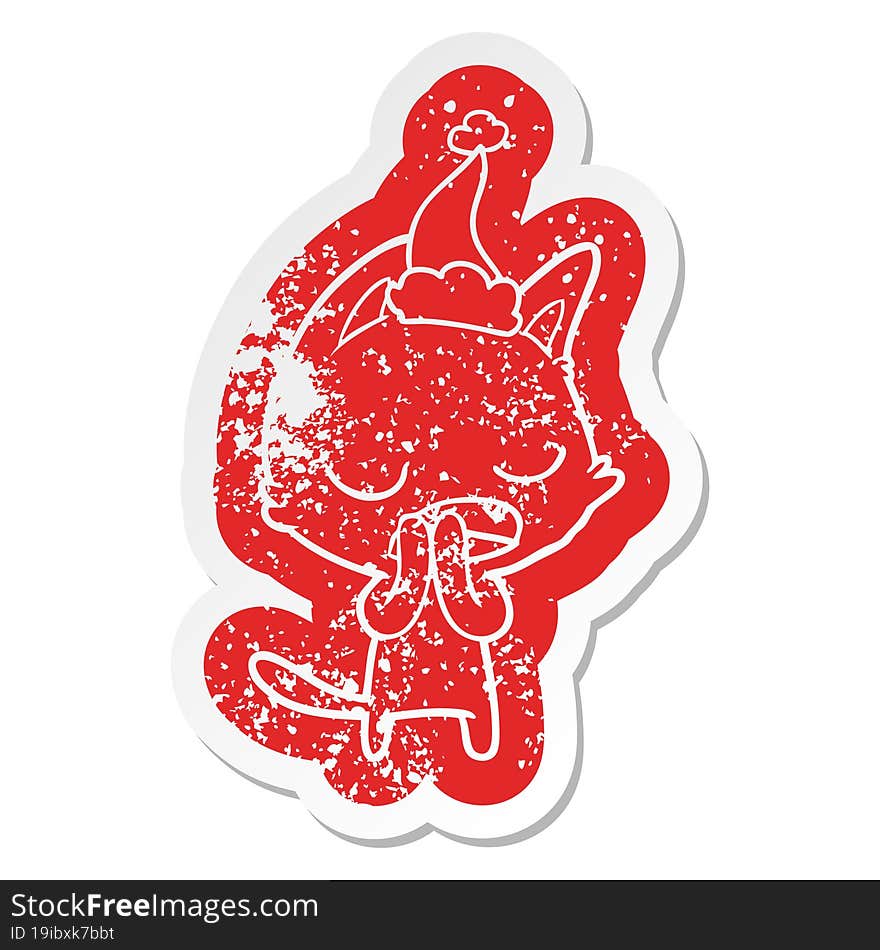 Talking Cat Cartoon Distressed Sticker Of A Wearing Santa Hat