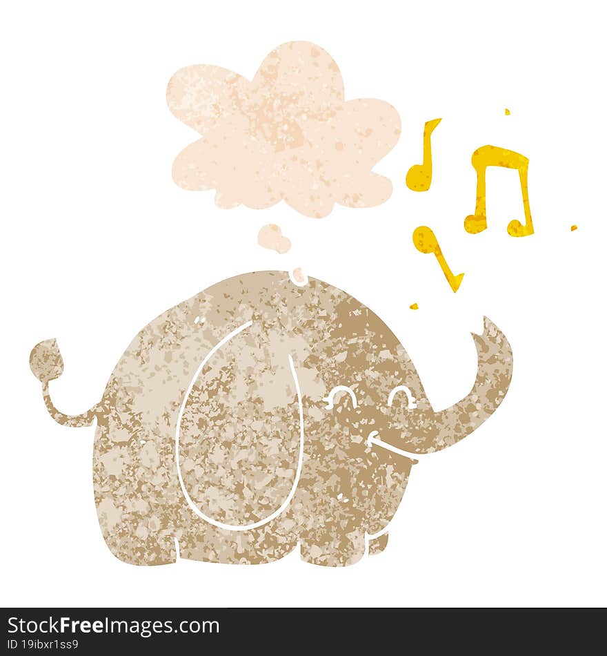 cartoon trumpeting elephant and thought bubble in retro textured style