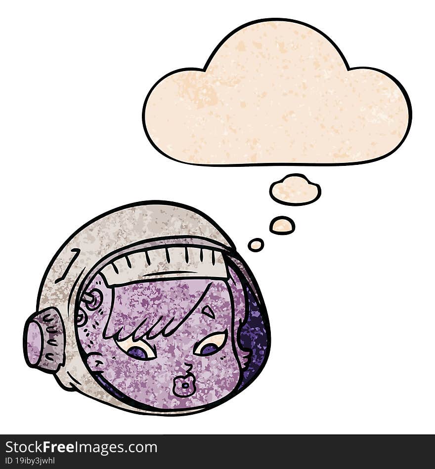 cartoon astronaut face and thought bubble in grunge texture pattern style