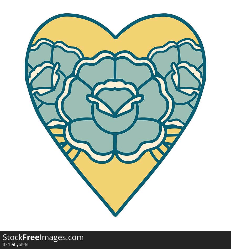 iconic tattoo style image of a heart and flowers. iconic tattoo style image of a heart and flowers