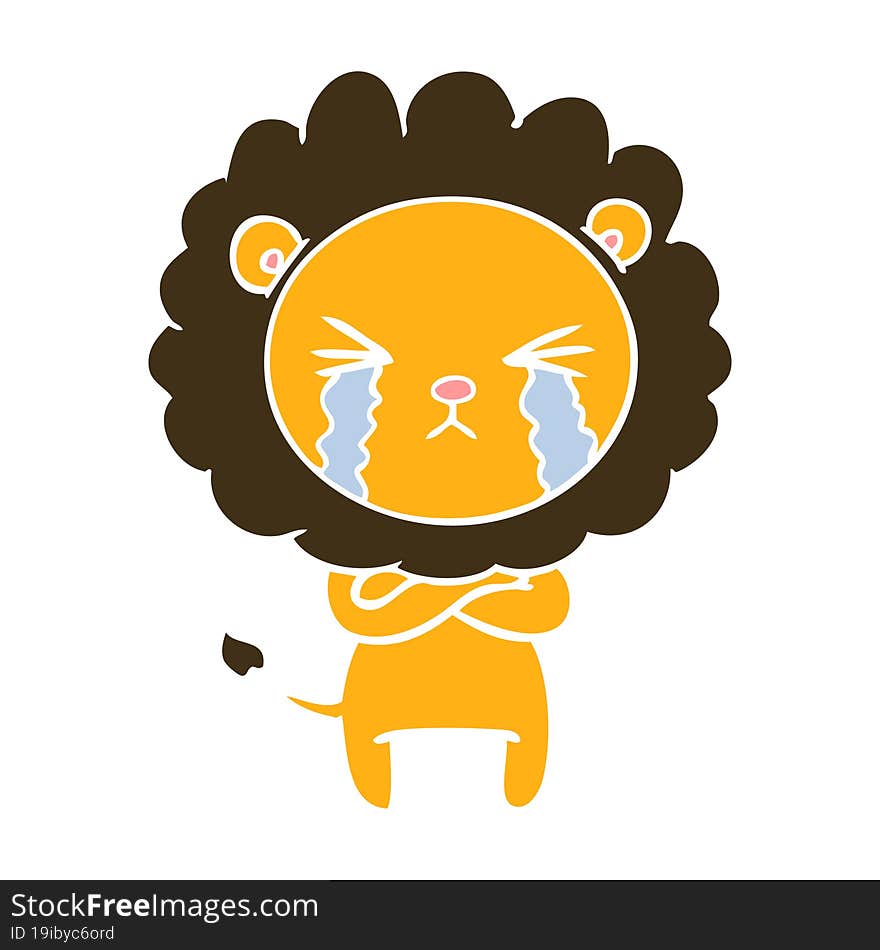 flat color style cartoon crying lion with crossed arms