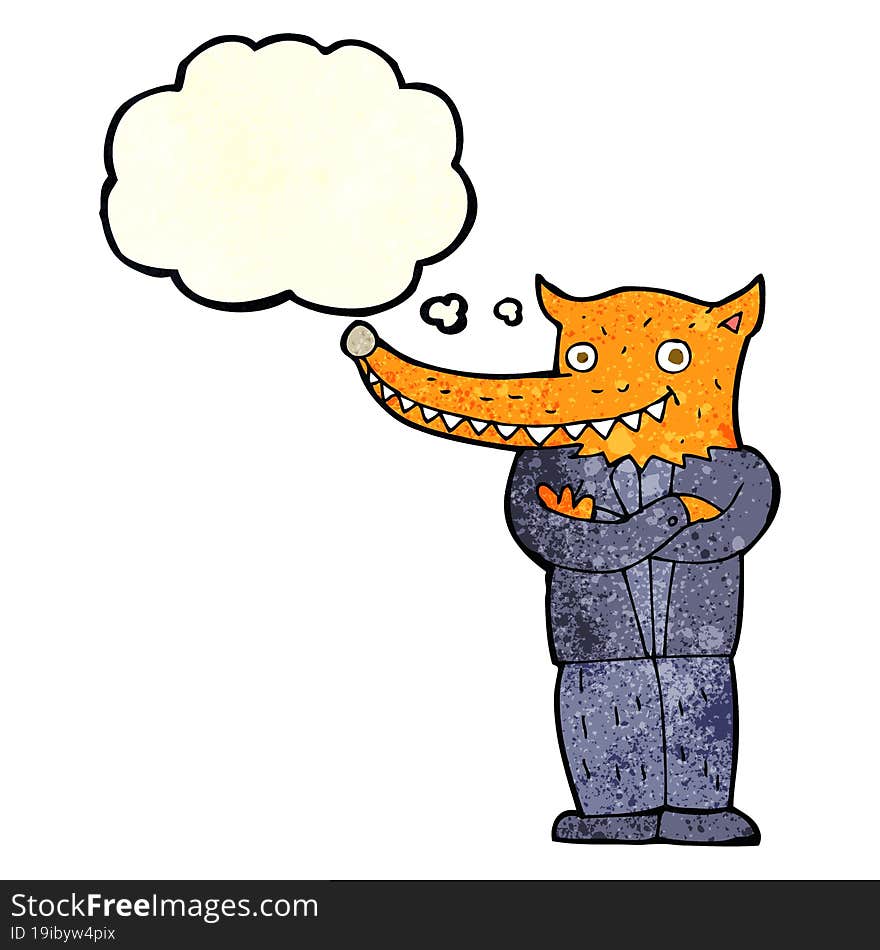 cartoon fox man with thought bubble