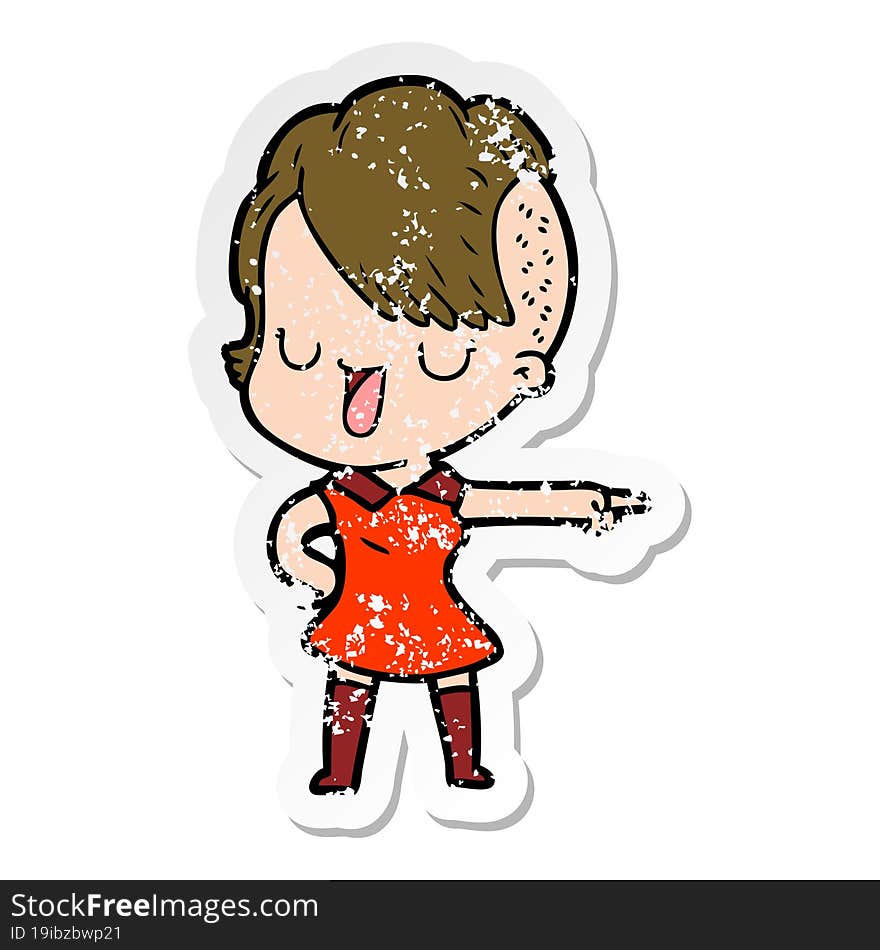 Distressed Sticker Of A Cute Cartoon Girl With Hipster Haircut