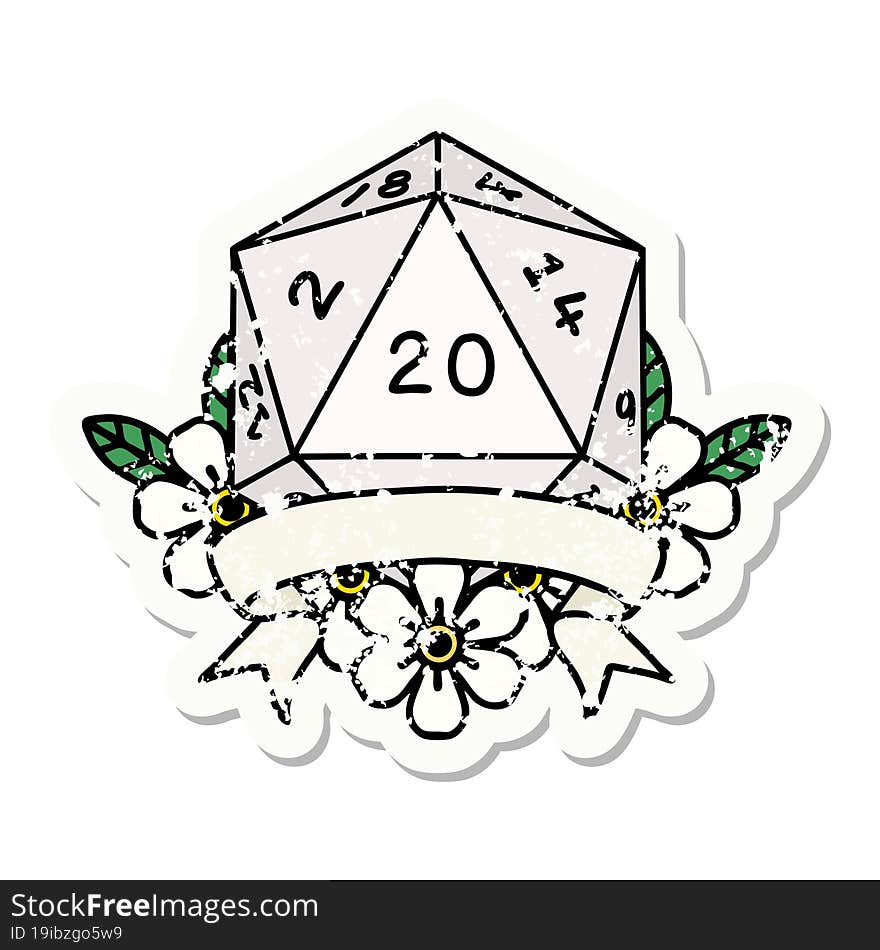 Natural 20 Critical Hit D20 Dice Roll Grunge Sticker