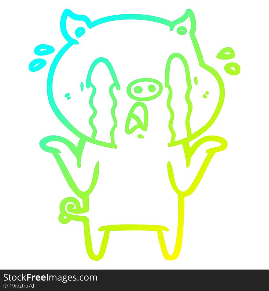 Cold Gradient Line Drawing Crying Pig Cartoon