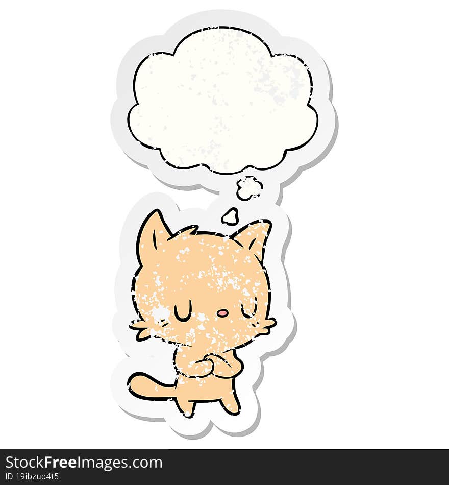 cartoon cat and thought bubble as a distressed worn sticker