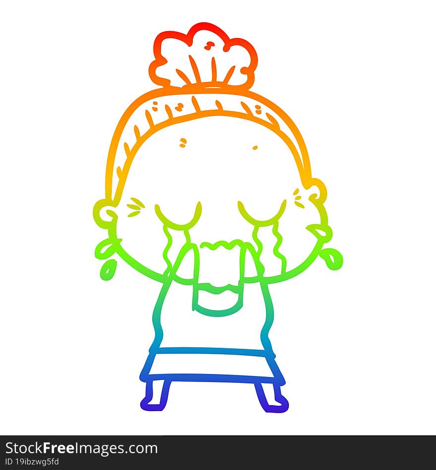 rainbow gradient line drawing of a cartoon crying old lady