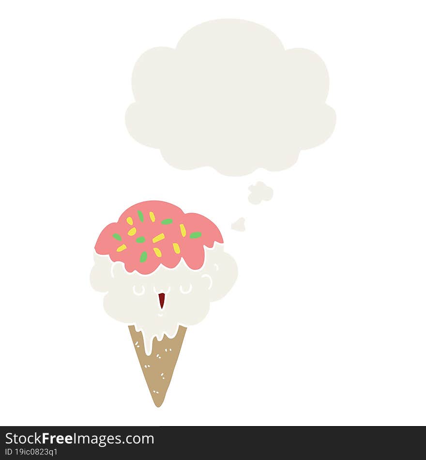 Cartoon Ice Cream And Thought Bubble In Retro Style