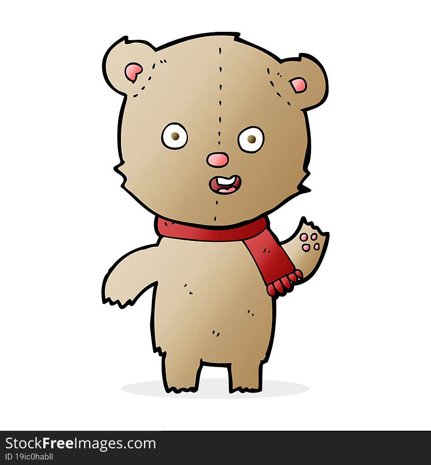 cartoon waving teddy bear with scarf