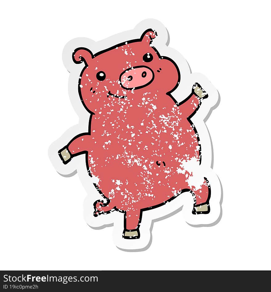 distressed sticker of a cartoon dancing pig