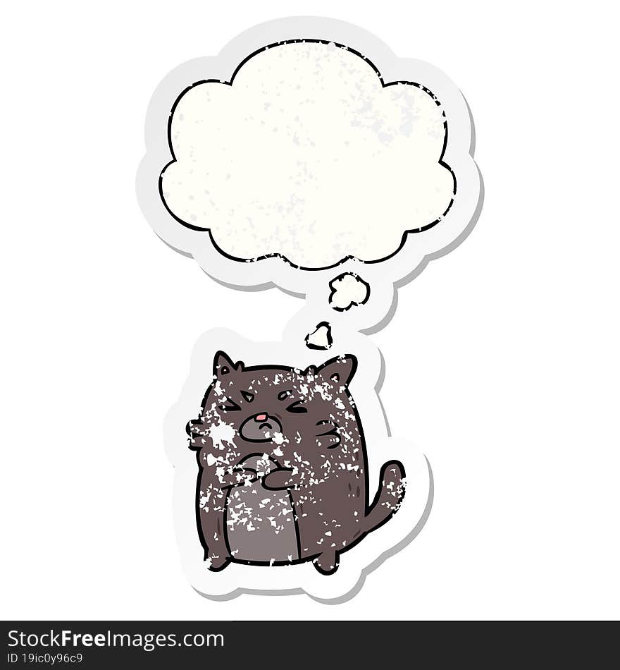 cartoon angry cat and thought bubble as a distressed worn sticker