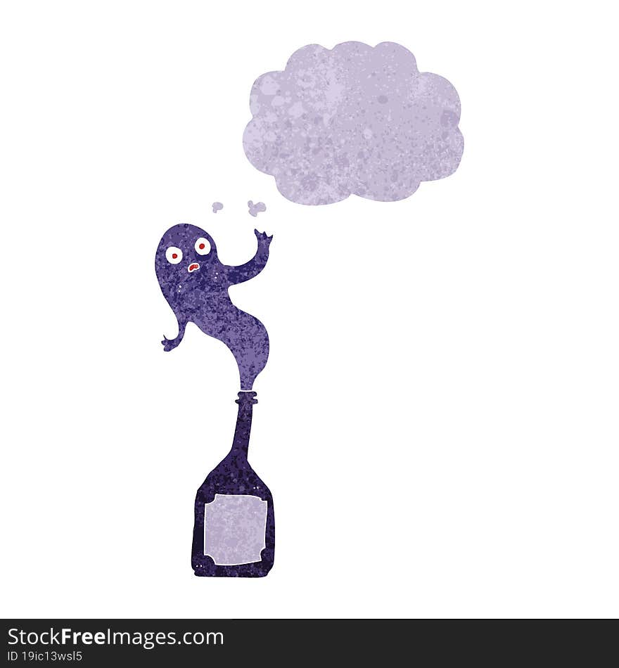 cartoon ghost in bottle with thought bubble