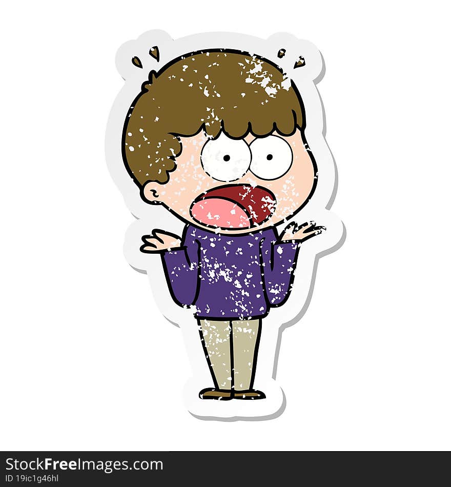 distressed sticker of a cartoon shocked man