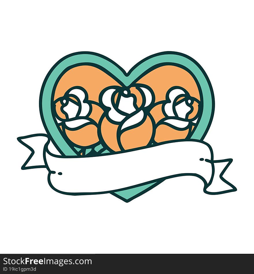 Tattoo Style Icon Of A Heart And Banner With Flowers