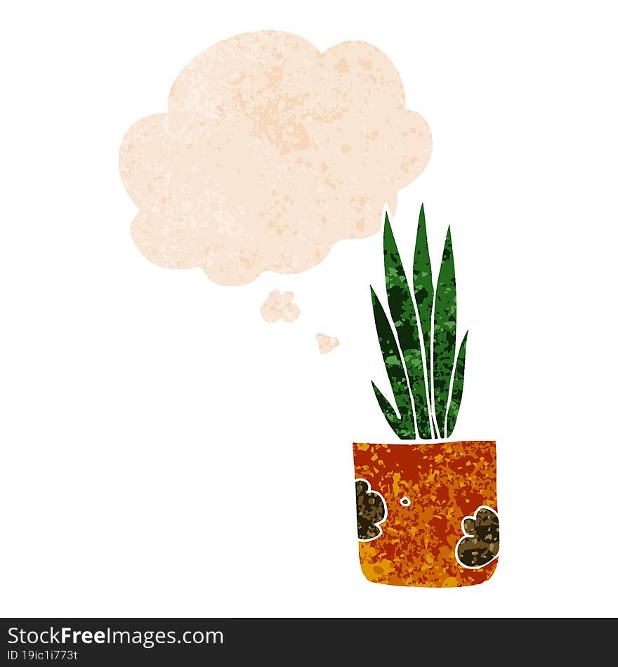 cartoon house plant and thought bubble in retro textured style