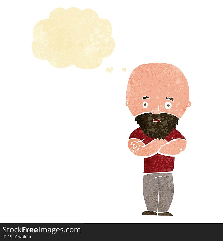 cartoon shocked bald man with beard with thought bubble